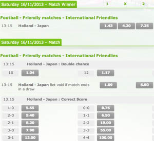 Odds Japan - Nederland - 16 november 2013